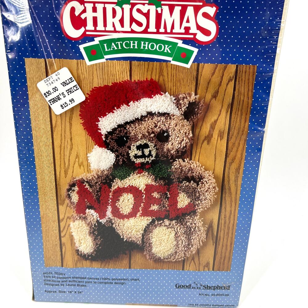 Vintage GOOD SHEPHERD Latch Hook Christmas Kit Noel Teddy Sealed in Box